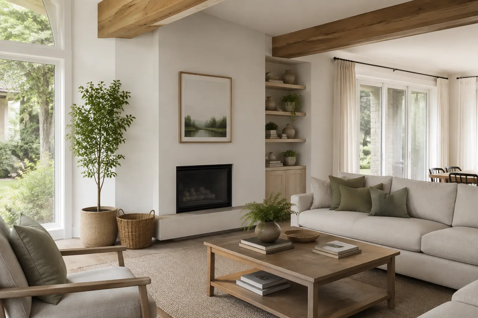 A calm, well-prepared living room with natural light