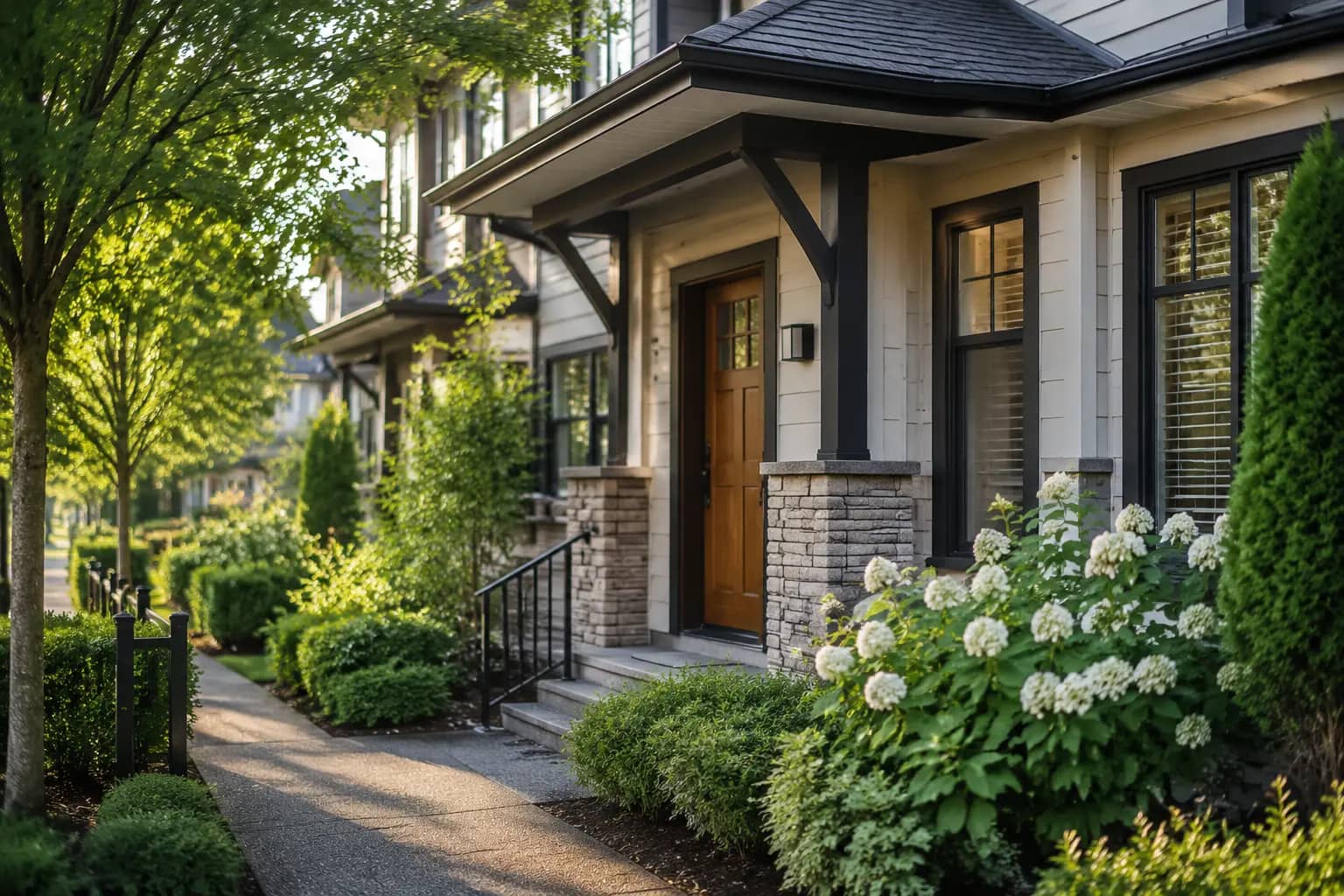 A welcoming Fraser Valley townhouse entrance framed by mature landscaping