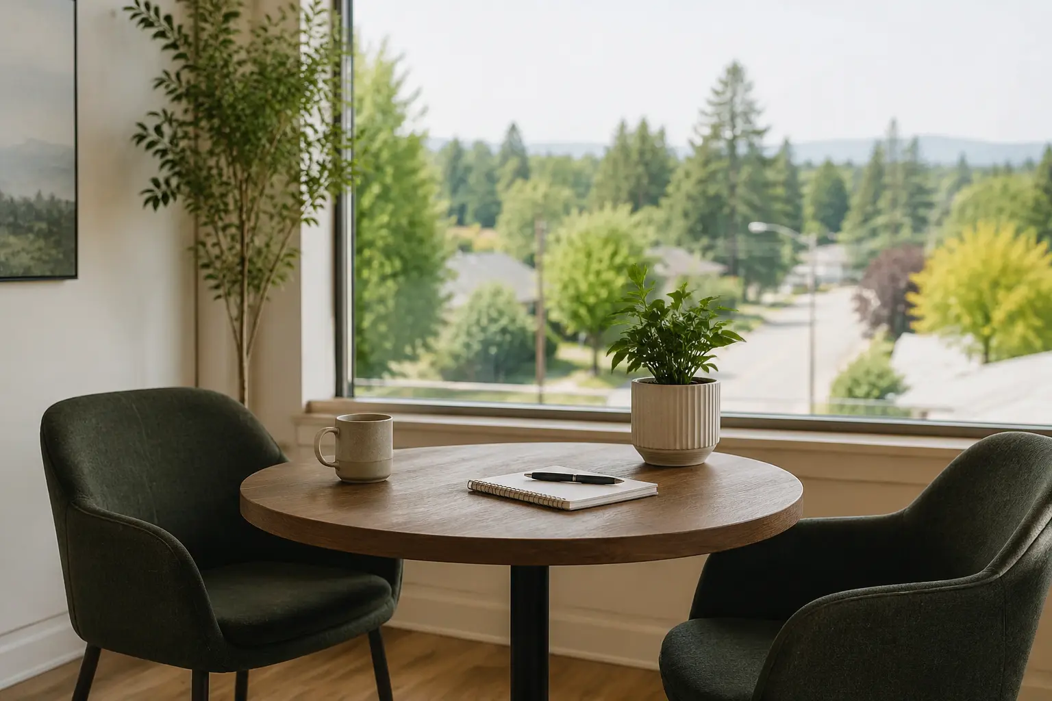 A calm consultation table overlooking a Fraser Valley neighbourhood
