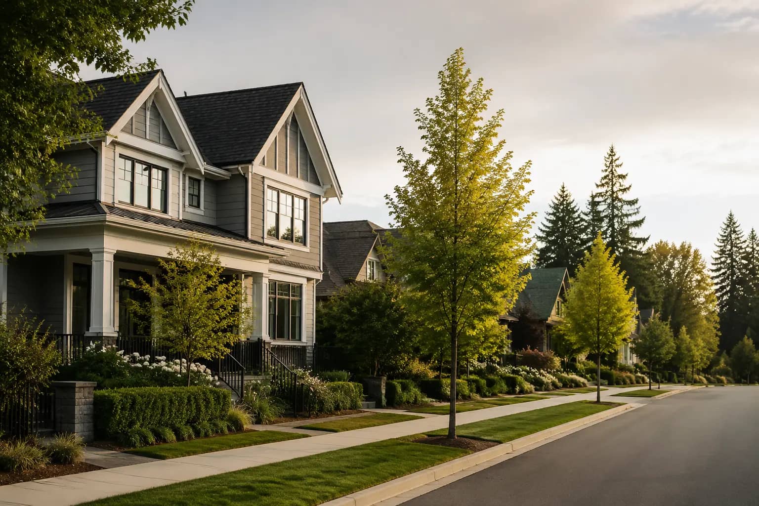 A quiet tree-lined residential street in the Fraser Valley