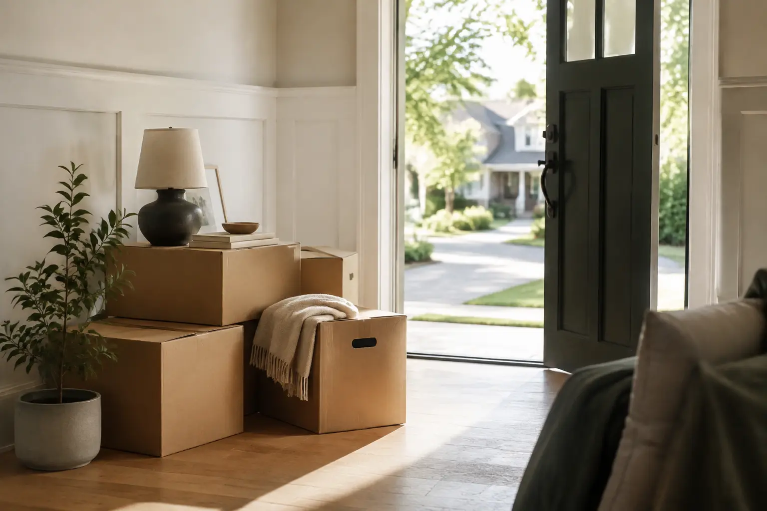 Neatly packed moving boxes beside an open doorway leading to a residential street
